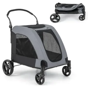 4 Wheels Extra Large Dog Stroller Foldable Pet Stroller with Dual Entry-Gray