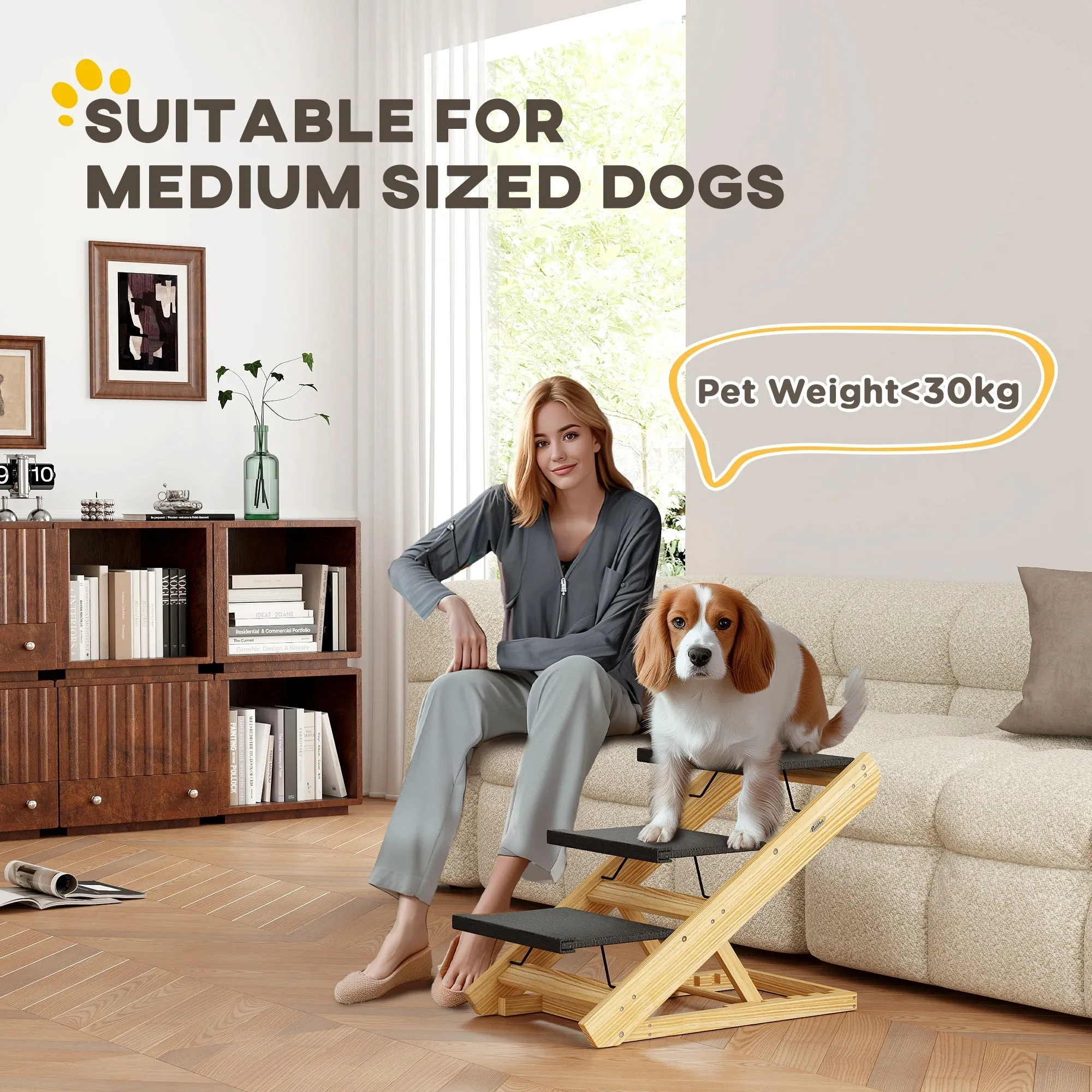 Adjustable Dog Steps Dog Ramp 3-Step Non-slip Pet Stairs for Medium Sized Dogs Foldable Dog Stairs for Bed Sofa