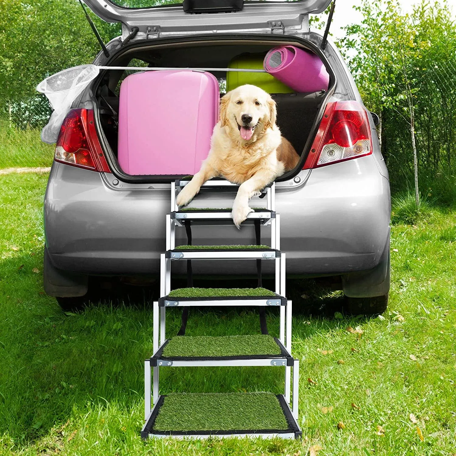 Foldable Aluminum Alloy 6 Steps Dog Stairs with Artificial Turf Non-Slip Surface for Large Dogs, Supports up to 150Lbs
