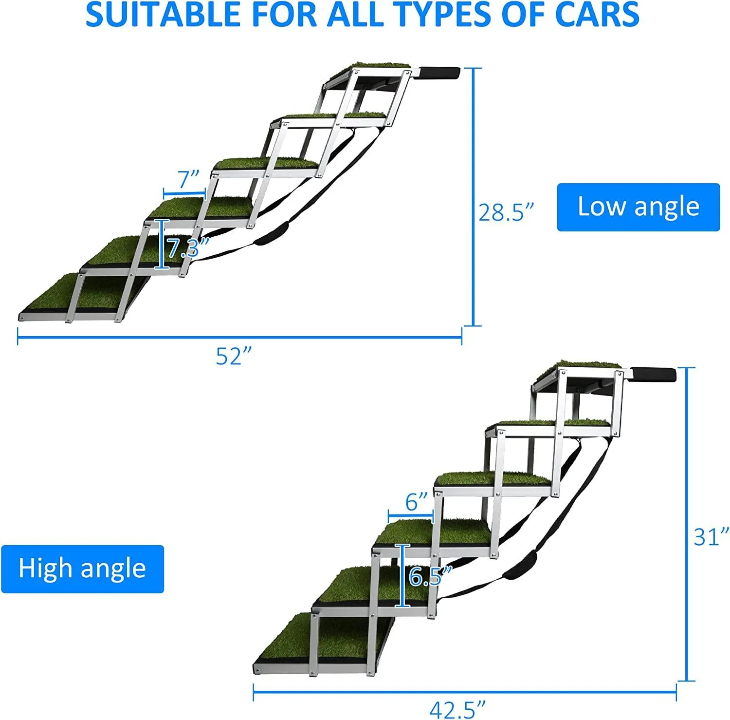 Foldable Aluminum Alloy 6 Steps Dog Stairs with Artificial Turf Non-Slip Surface for Large Dogs, Supports up to 150Lbs