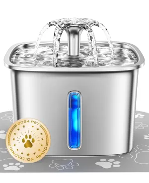 Innovation Award Winner Stainless Steel Cat Water Fountain, 95oz/2.8L Automatic Pet Fountain Dog Water Dispenser with Replacement Filters & Silicone Mat for Cats, Dogs, Multiple Pets (Silver)
